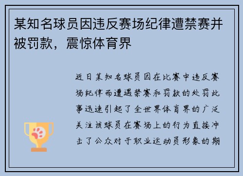 某知名球员因违反赛场纪律遭禁赛并被罚款，震惊体育界